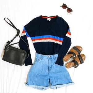 SUNDRY Navy with Stripe Crew Neck Pullover, Wool and Cashmere Blend Size 2